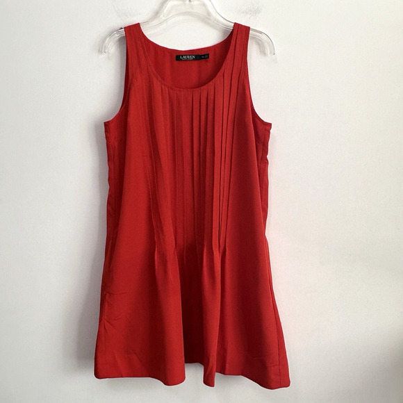 Ralph Lauren Sleeveless Shift Dress 10 Petite Orange Short Classic Party Pintuck - Picture 1 of 9